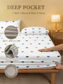 2/3件套白色彩色心形图案床上用品套装（不含填充物），卧室适用，超细纤维材质，透气舒适。1件床笠+1/2件枕套（不含填充物），适用于单人床、双人床、大号床、特大号床，深口袋设计，深度可达11.8英寸，透气抗皱，提升睡眠质量，可机洗。 - 彩色 - 查看 5
