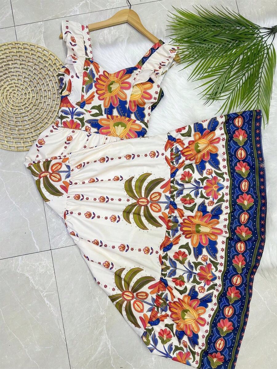 Long Dress PRINTED With Lining In CREPE Fabric, Beautiful And Fashionable - Beige - View 1