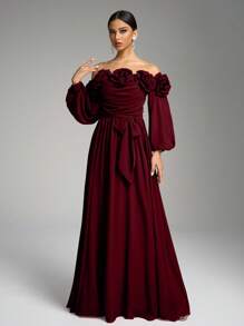 SUPGIR Off-Shoulder Kleid mit Laternärmeln, floralem Dekor, elegantes A-Linien Langkleid, Brautjungfernkleid