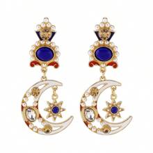 1 Pair Luxury Vintage Asymmetric Crystal Star & Moon Pendant Earrings, Suitable For Women To Wear On Holidays, Parties, Banquets