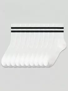 32pcs/24pcs/20pcs/18pcs/12pcs/6pcs/4pcs/2pcs Women Crew Neck Socks, Shark Design & Striped Casual Knee High Socks, Thick & Soft, White Color, Suitable For Casual, Sport, Office Wear, All Seasons