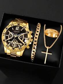 4-Piece Luxury Gift Set For Men: Stainless Steel Quartz Watch With Precise Analog Display, Cross Pendant Necklace, Bracelet And Ring, Perfect For Business, Casual And Sports Occasions - Ideal Gift For Him