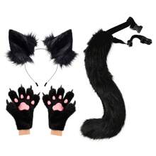 Fox Wolf Ears Headband Furry Tail Plush Cat Paw Mittens Gloves Set Halloween Party Cosplay Costumes Accessories, Rave