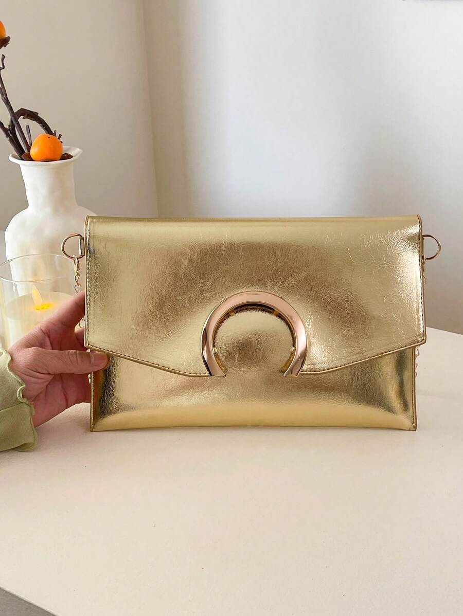 新款时尚信封式小众设计复古女士手提包，今年很流行 - 金色 - 查看 1