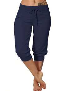 Plus Size Women Casual Solid Color Drawstring Waist Pants Summer - Navy Blue - View 1