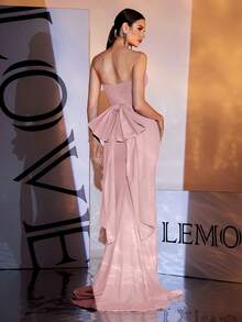 粉色露肩及地蝴蝶结礼服，派对礼服，长袍，适合晚会、婚礼宾客 - 粉色 - 查看 6
