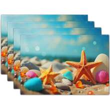 Juego de 4 piezas, juego de 6 piezas decoración de mesa de comedor para primavera, verano, vacaciones, serie oceánica, manteles individuales con estampado de conchas adecuados para decoración de mesa de fiesta en el hogar y cocina