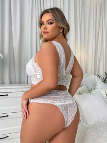 Plus Size 2pcs Set Deep V Lace Women Lingerie Set Hollow Transparent Sexy Underwear