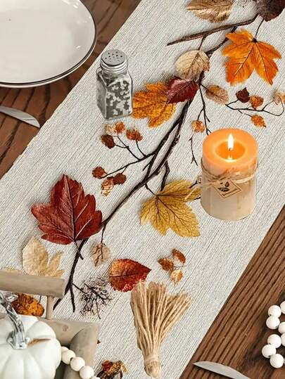 Autumn Leaves Table Runner, European Style Fall Foliage Design, 100% Line Woven Rectangular Tablecloth, For Holiday Party, Kitchen, Fireplace, Dining Room Decor, Farmhouse Home Decoration