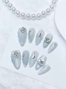 10 件手工按压式假指甲假指甲贴指甲贴纸腮红指甲饰短指甲假指甲指甲钻脚趾甲鸭指甲指甲胶长指甲指甲油凝胶指甲油聚凝胶水钻装饰指甲用品指甲 - 粉色 - 查看 2