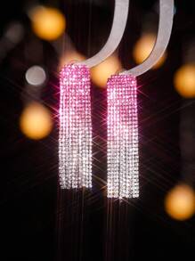 Fashion Glamorous Spring Hot Pink CZ Crystal Tassel Earrings Stud Wedding Party Graduation Jewelry 1 Pair