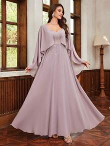 Embroidered Women's Chiffon Long Robe Dress With Short Sleeves, Casual And Simple,Party Dress,Gown,Formal,Evening,Wedding Guest - Dusty Pink - View 5