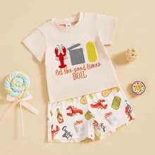 Kids Summer Outfit, Short Sleeve Crew Neck Embroidery T-Shirt With Lobster Print Shorts Clothing Set - trắng - Xem 3