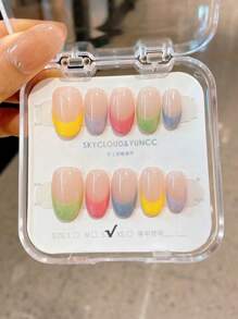 10Pcs/Set Handmade Press-On Short Nails, Summer Beach Manicure Short Square/Oval/Cat Eye French Tips, Reusable For Women, Girls, Teachers, Students, Office, Travel, Elegant Business Casual Nail Supplies Nails - Multicolor - View 11