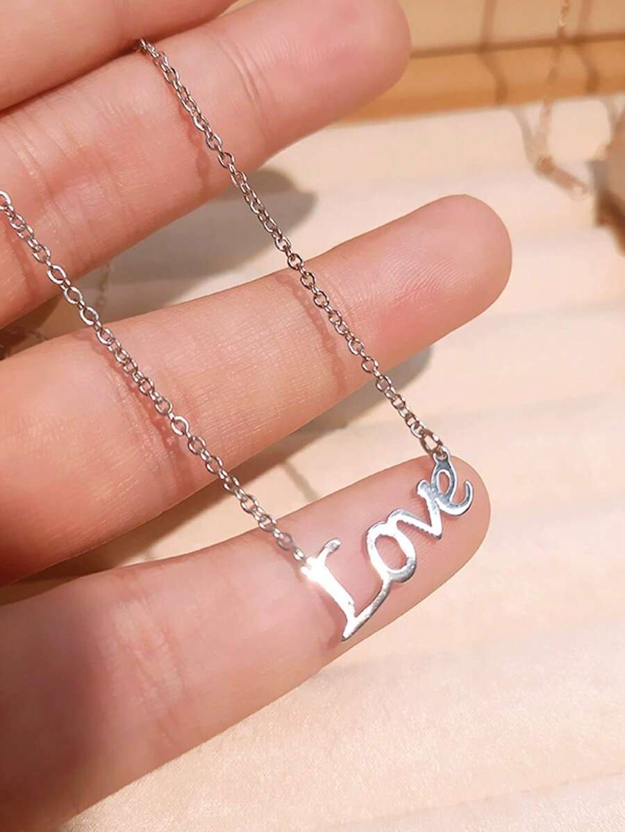 1 件刻有“爱”字的项链，时尚独特设计，适合作为母亲节礼物 - 銀色 - 查看 1