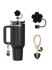 兼容 杯配件 1 件黑粉色吸管盖，用于杯吸管盖，1 件可爱心形字母和圆形字母饰物，适用于 30&40 盎司带手柄玻璃杯，字母饰物配件的长度为 3.94 英寸。个性化字母配件