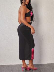 Women Summer 3pcs Swimsuit Bikini Set/ Floral Printed Tube Tops + Briefs  + Sheer Skirt - 黑色 - 查看 3