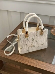 1 件女士纯色纹理刺绣石头图案手提包、单肩包和斜挎包，带拉链开合，最佳母亲节礼物 - 米色 - 查看 2