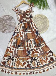 Long Dress PRINTED With Lining In CREPE Fabric, Beautiful And Fashionable - Coffee - View 2