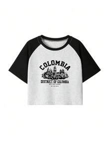 Áo croptop nữ phối màu tương phản, họa tiết hoa vintage, tay ngắn, thích hợp mặc mùa xuân/hè. - Xám - Xem 4
