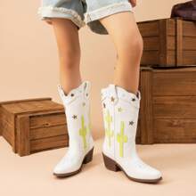 Girls Cowboy Boots Square Toe Western Boots With Low Heel - White - View 5