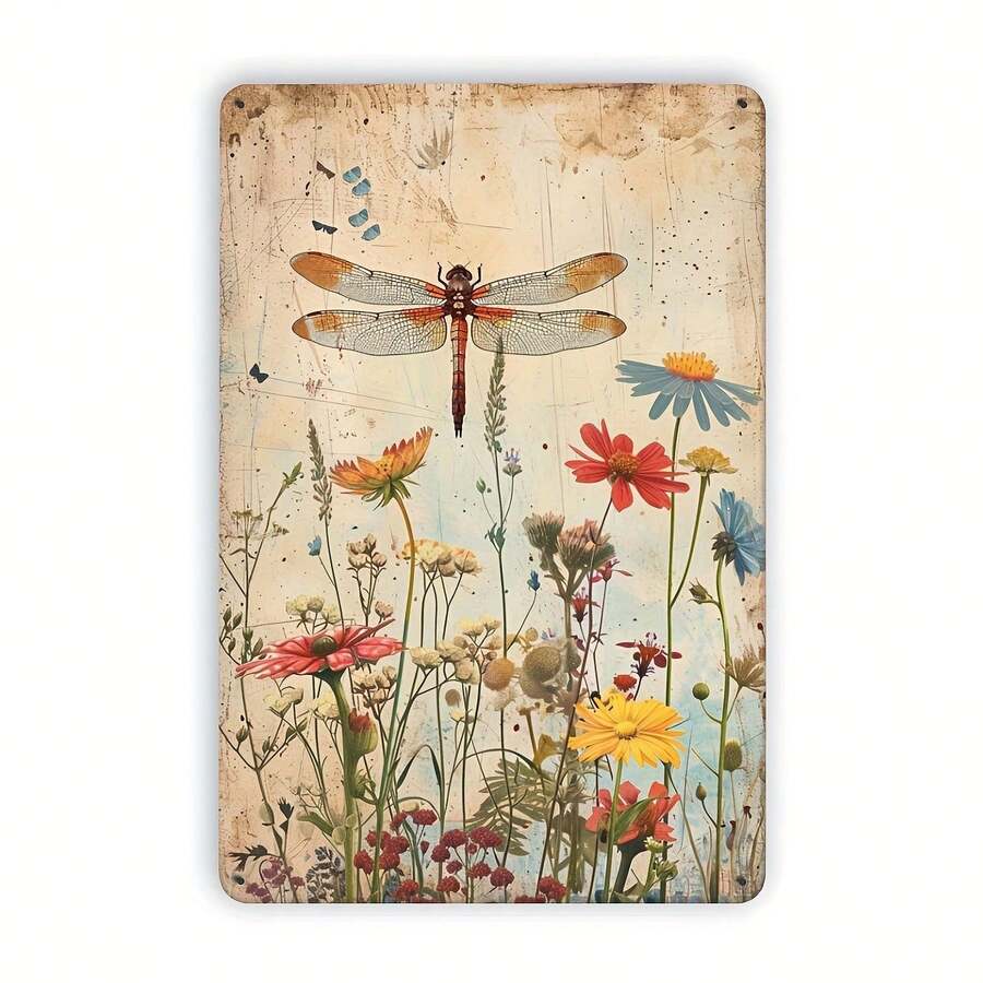 Vintage Floral And Dragonfly Iron Wall Art, Rustic Metal Decor, 7.87x11.81inch, No Electricity Needed, Featherless, For Bedroom, Garden, Cafe, Ideal Gift For Festivals - White - View 1