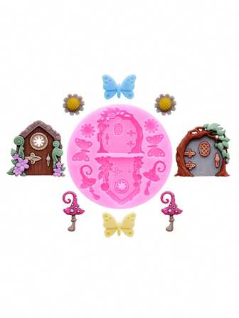 1pc Silicone Mold, Liquid Silicone Material, Fairy Tale Style Mini Wooden Door, Butterfly, Sunflower, Chocolate, Cupcake, DIY Baking Decoration, Micro Landscape Resin Craft Mold