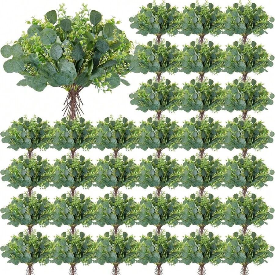 带白色种子的人造桉树茎人造桉树叶绿植装饰假叶枝用于婚礼花束中心装饰插花农舍家居装饰