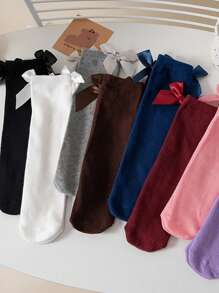 1 Pair Girls Ankle Length No-Heel Socks, Straight Cut, With Bow, Solid Color, Suitable For Princess, Students, Dance, Spring & Autumn - Multicolor - View 10