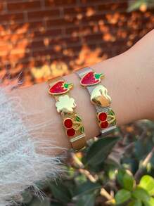 1pc Fashion Elegant Stainless Steel Watch Strap With Cherry, Strawberry, Heart Accessories String Bracelet, Suitable For Women's Daily And Party Wear