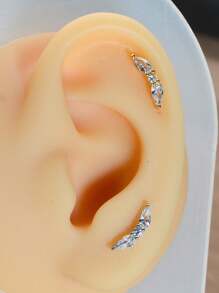 1件时尚不锈钢叶形锆石耳软骨钉耳环，女士扁平耳骨穿刺饰品，适合生日派对 - 一個圓餅鋯石葉耳環 - 查看 3