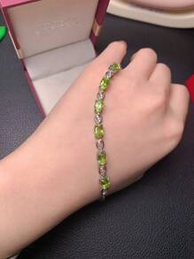 925 Sterling Silver Bezel Set Natural Olive Green Gemstone Bracelet, Elegant Daily Wear Commuting Style - White - View 5