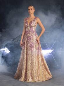 Elisanya Váy dạ hội Maxi sequin hoa thanh lịch với cổ chữ V khoét sâu ấn tượng | Hoàn hảo cho sự kiện thảm đỏ, đám cưới sang trọng hoặc đêm tiệc trang trọng - Bụi hồng - Xem 4