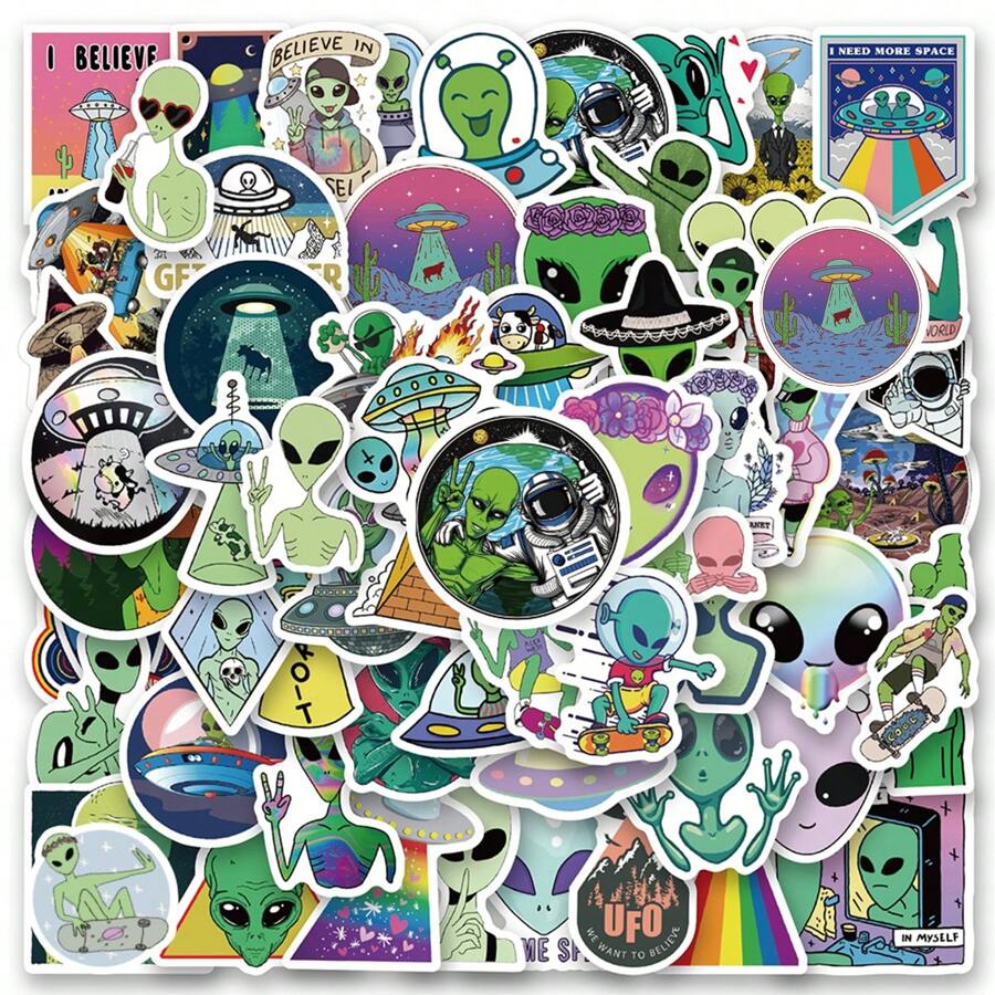 80 PIEZAS de pegatinas de extraterrestres, pegatinas de vinilo estética, para scrapbooking, diario, portátil, parachoques, monopatín, botella de agua, computadora, teléfono, dibujos animados, casco duro, pegatinas y calcomanías para auto - Multicolor - Ver 1