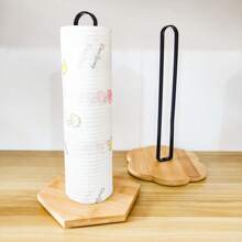 2pcs Minimalist Kitchen Iron & Bamboo Wood Paper Towel Holder Organizer Rack, Freestanding Cloth Hanging Stand