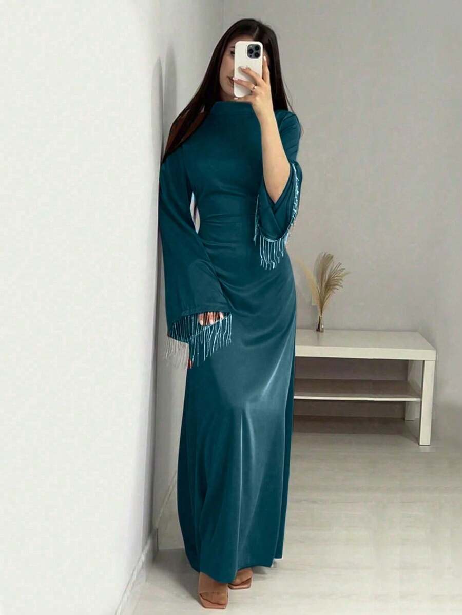女式立领喇叭袖束带连衣裙 Abaya 风格 - 綠色 - 查看 1