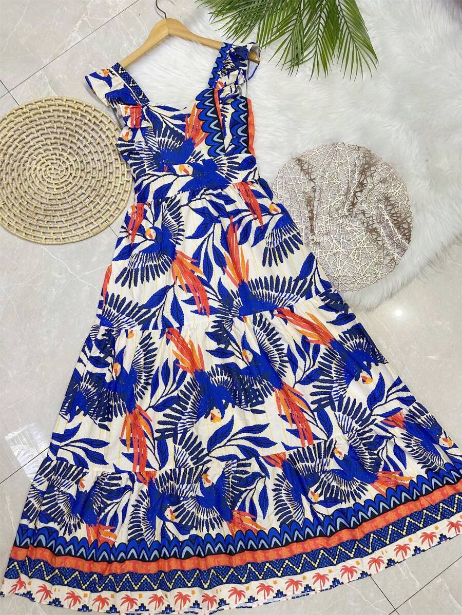 Long Dress PRINTED With Lining In CREPE Fabric, Beautiful And Fashionable - Royal Blue - View 1
