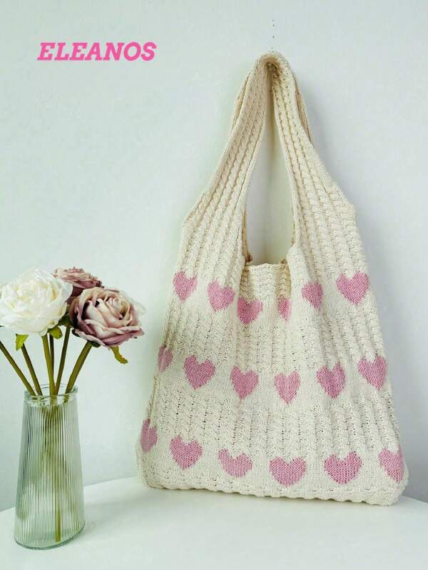Heart Pattern Knitted Tote Bag, Fashion Women's Shoulder Bag Crochet Bag