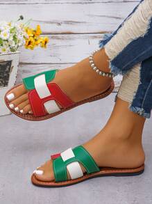 Summer New Arrival Women's Elegant Sandals, Featuring Sophisticated Soft Lychee Leather Texture, Stylish Contrast Color Crossing Straps, Comfortable Round Toe Design, High-Quality Anti-Slip Outsole, Versatile Indoor/Outdoor Wear, Slip-On - Red Green - View 5