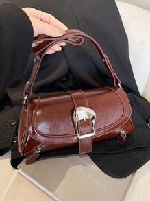 1pc Coffee PU Motorcycle Crossbody Bag, Niche Chic Sweet Hot Girl Design Shoulder Bag, High-End Quality Versatile Baguette Handbag
