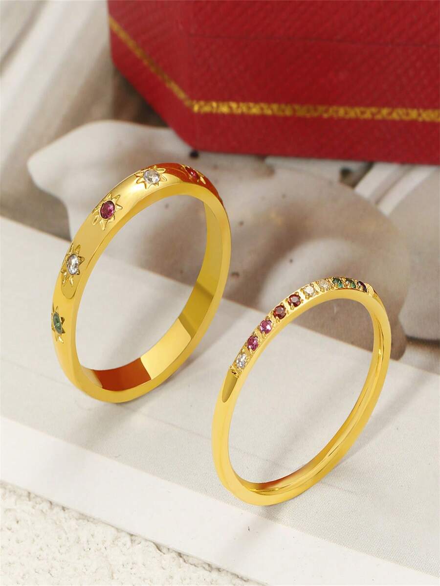 1pc Unique Design Minimalist Style 18K Gold-Plated Stainless Steel Cubic Zirconia Layered Ring For Women