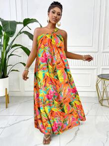 BIUBIU 大码夏季纯绿色无袖单肩连衣裙，饰有圆形圆环，适合休闲穿着、海滩度假和旅行 - 橘色 - 查看 5