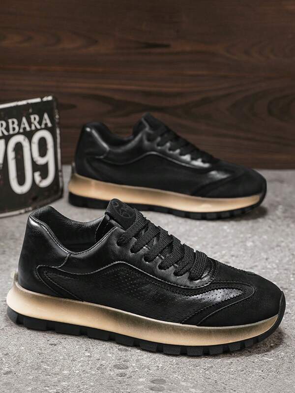 Zapatillas deportivas cómodas y transpirables de piel perforada de corte bajo para hombres, con suela gruesa antideslizante y casual tipo chunky, para uso atlético