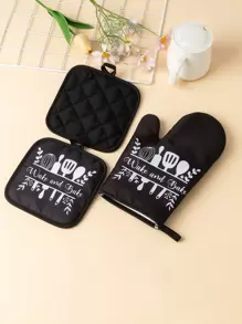 2pcs Set Thick Multi-Color Kitchen Microwave Oven Gloves, High Heat Resistant Oven Mitts For Baking Cooking, Heat Insulation Pads - Black and White - View 3