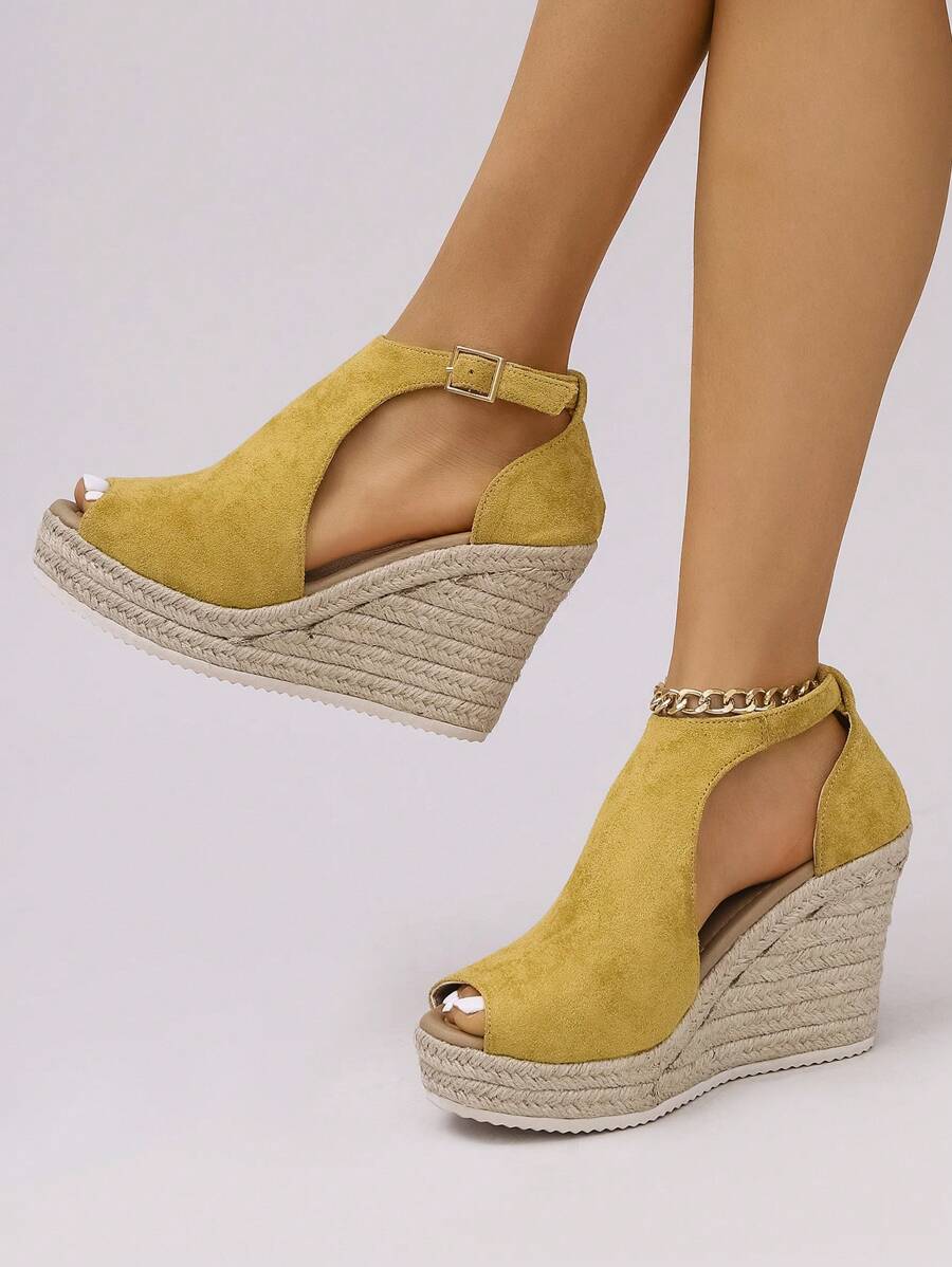 Plus Size Women Wedge Sandals, Open Toe Buckle Strap Fashion Summer Shoes, Elegant Holiday Footwear - Yellow - View 1