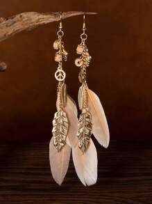 1 Pair Retro Wooden Bead & Feather Dangle Earrings, Boho Style Gold Leaf Long Earrings For Women, Holiday Gift - Natural Feathers - View 18