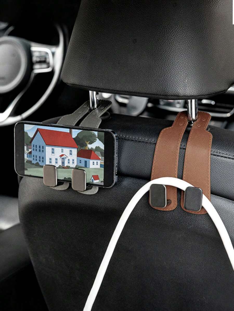 双钩汽车座椅靠背挂钩 - 双钩设计，方便后座收纳和放置手机 - 多功能收纳架，隐藏式安装 - 采用橡胶皮革和锌合金材质，非常适合悬挂包包、外套和配饰，保持车内整洁，便携式挂钩配件，座椅靠背手机支架挂钩，适用于大多数车型