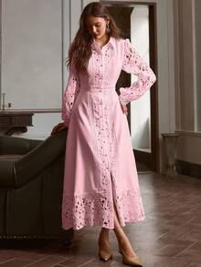 Simplee 女士春夏新款优雅纯色镂空蕾丝拼接纽扣装饰连衣裙，婚礼宾客礼服，复古风格 - 粉色 - 查看 7