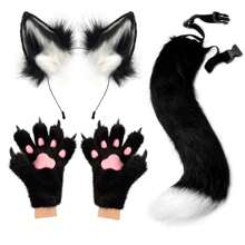 Fox Wolf Ears Headband Furry Tail Plush Cat Paw Mittens Gloves Set Halloween Party Cosplay Costumes Accessories, Rave