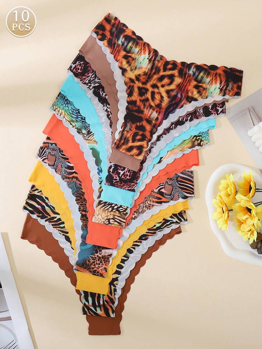 10 件/包 - 女士无缝波浪边三角裤，舒适性感亲肤面料女士无缝比基尼内裤